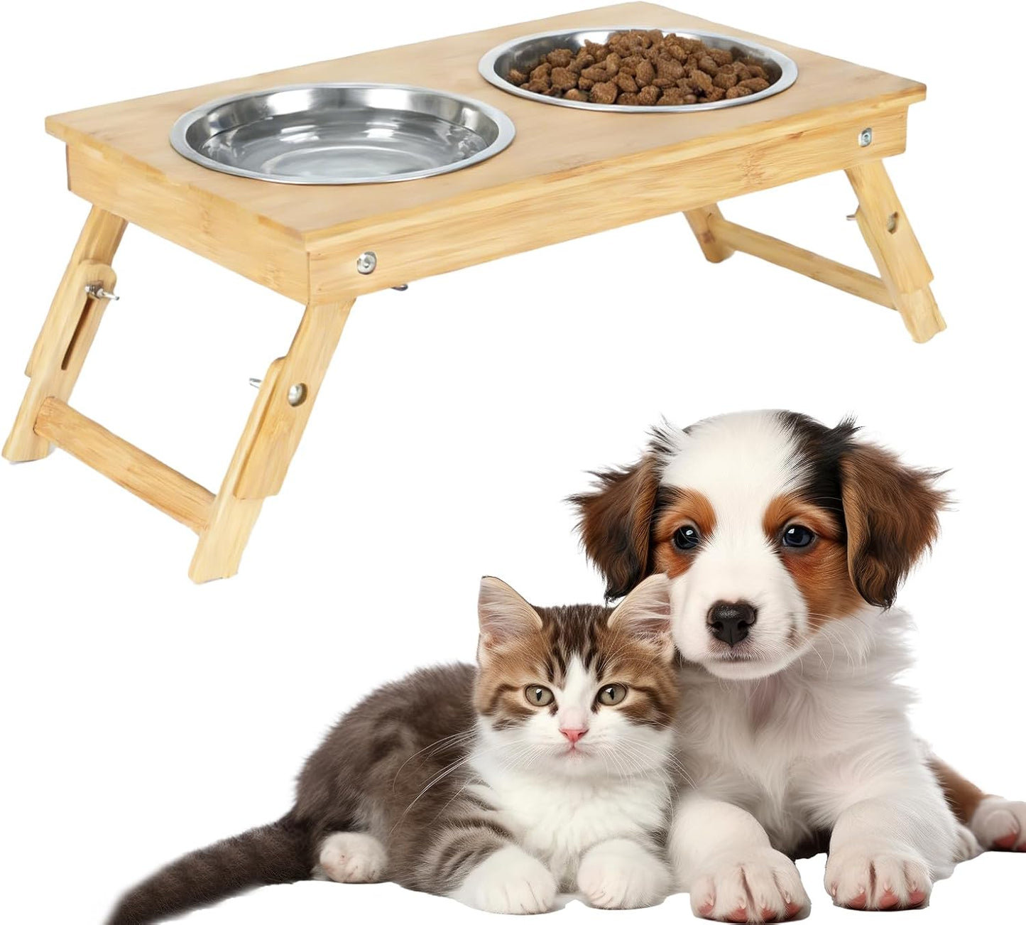 Dog Bowls Elevated,Adjustable Raised Cat Bowl Stand for Small Dogs and Cats Bamboo Pet Food Feeder with 2 Stainless Steel Dish Water Feeding Set