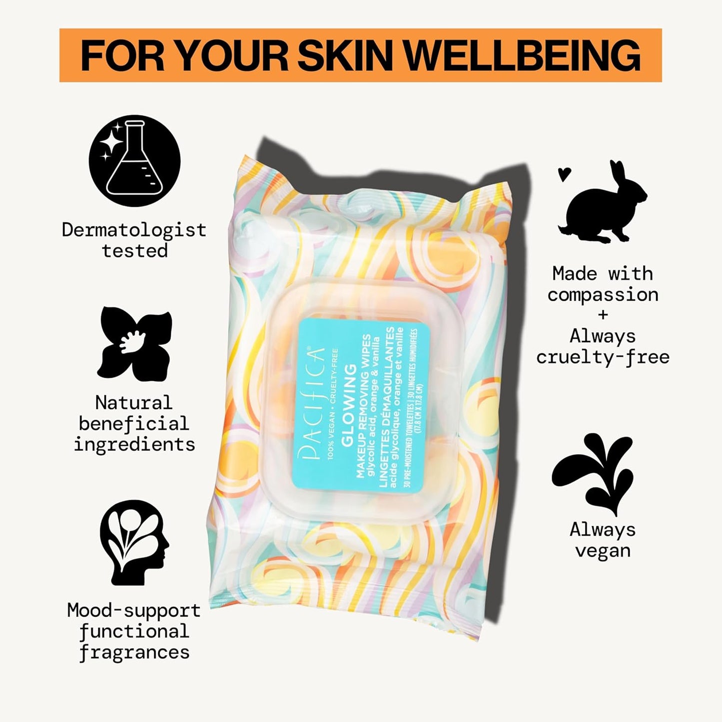 Pacifica Glowing Makeup Remover Wipes – With Glycolic Acid for AHA Exfoliating and Facial Cleansing – No Rinse Face Cleaning Towelettes – Dermatologist Tested, Vegan & Cruelty-Free – 30 Pack