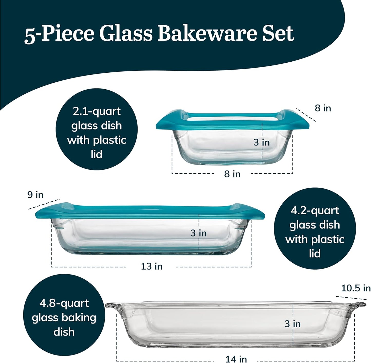 Libbey Baker’s Premium 5 Piece Glass Baking Dish Set, Stackable Casserole Dish with Lid Set, Baking Glassware for Casseroles, Lasagna, Brownies