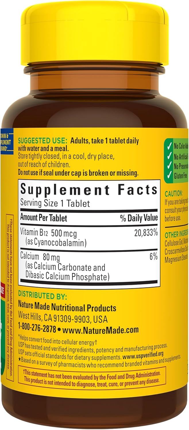 Nature Made Vitamin B12 500 mcg, Dietary Supplement for Energy Metabolism Support, B12 Vitamins 500 mcg, 200 Tablets, 200 Day Supply