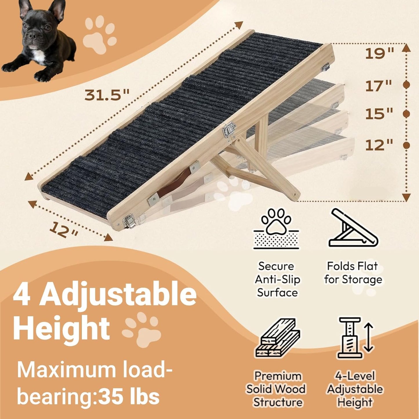 Dog Ramp for Couch & Bed for Small Dogs, Foldable Small Dog Ramps for Sofa - 31.5" LX12 W, 4 Adjustable Height, Portable, Stable, Non-Slip, Carry Handle, Wood