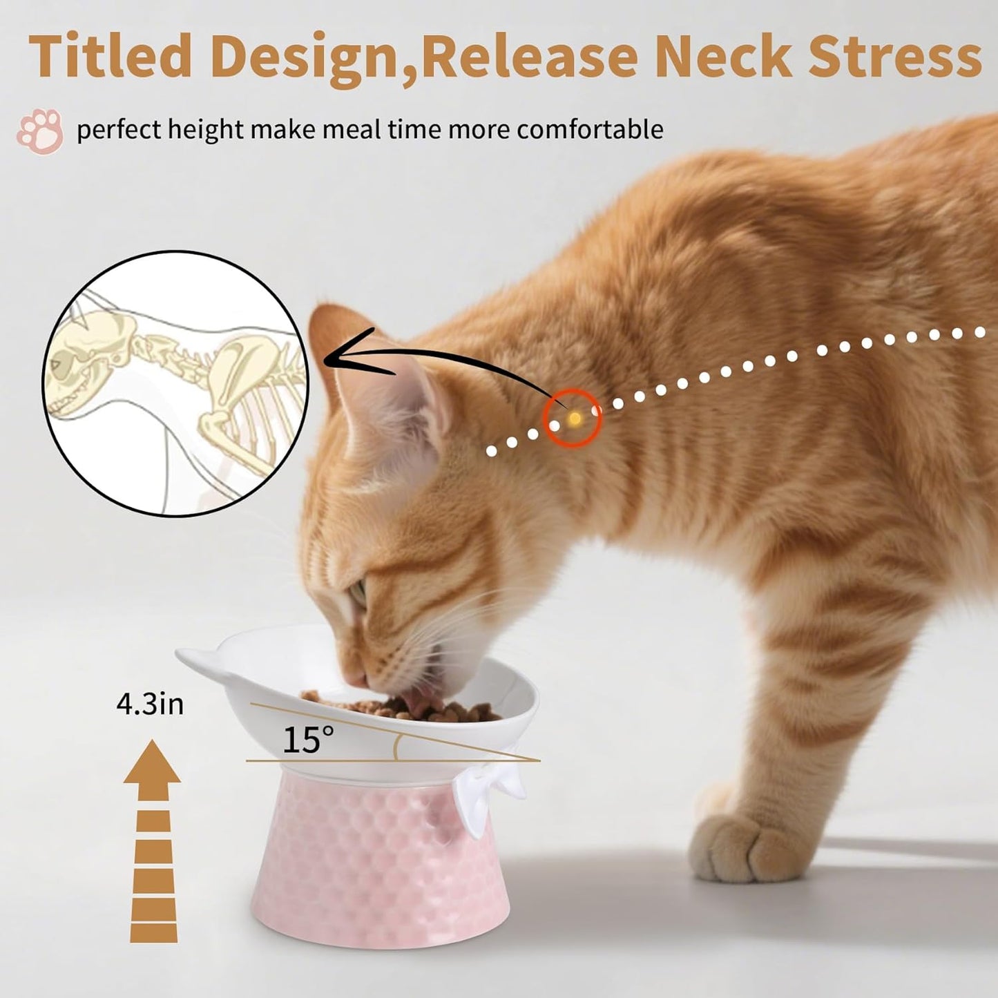 Ceramic Elevated Cat Bowl, Tilted Raised Pet Dish for Indoor Cats, Anti-Vomit & Whisker Friendly Cat Food Bowl, Cute One-Piece Stand, Microwave & Dishwasher Safe