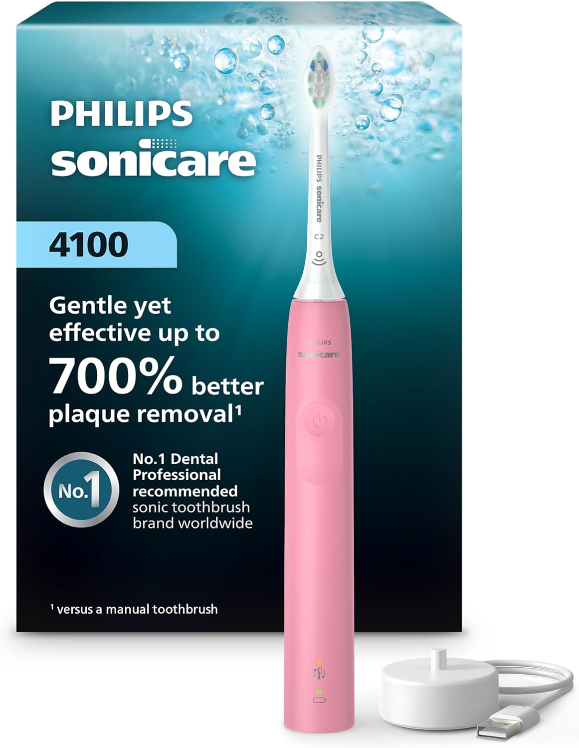 Philips Sonicare 4100 Series Electric Toothbrush - Sonic Toothbrush with Advanced Sonic Technology, Pressure Sensor, Two Intensity Settings, Smartimer & Quadpacer, Deep Pink, Model HX3681/26