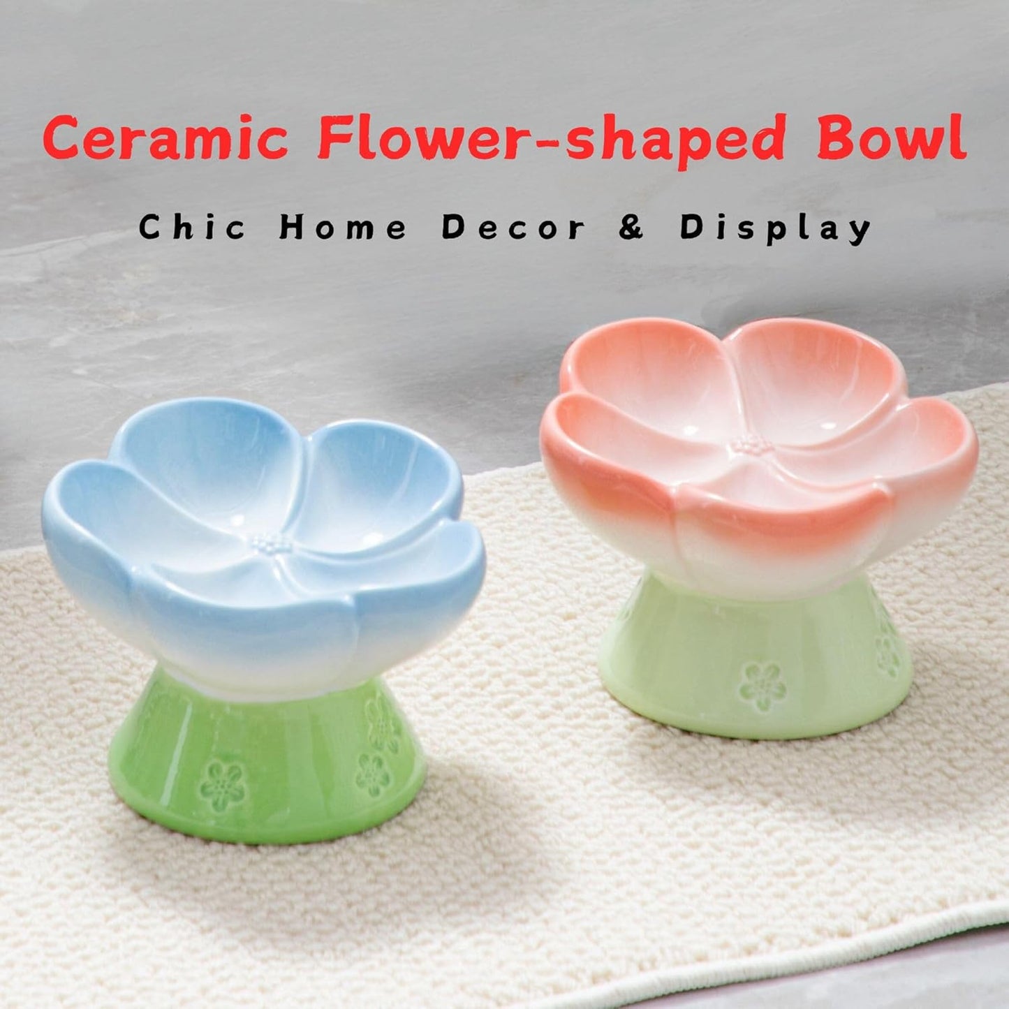 Ceramic Cat Divided Bowl Flower Shaped (5 Sections) - 4 Inch Elevated Design Cute Slow Feeder Bowl, Heavy Base, Under-Glazed Gradient Color - Separates Dry/Wet Food, Veggies, Fruits & Treats