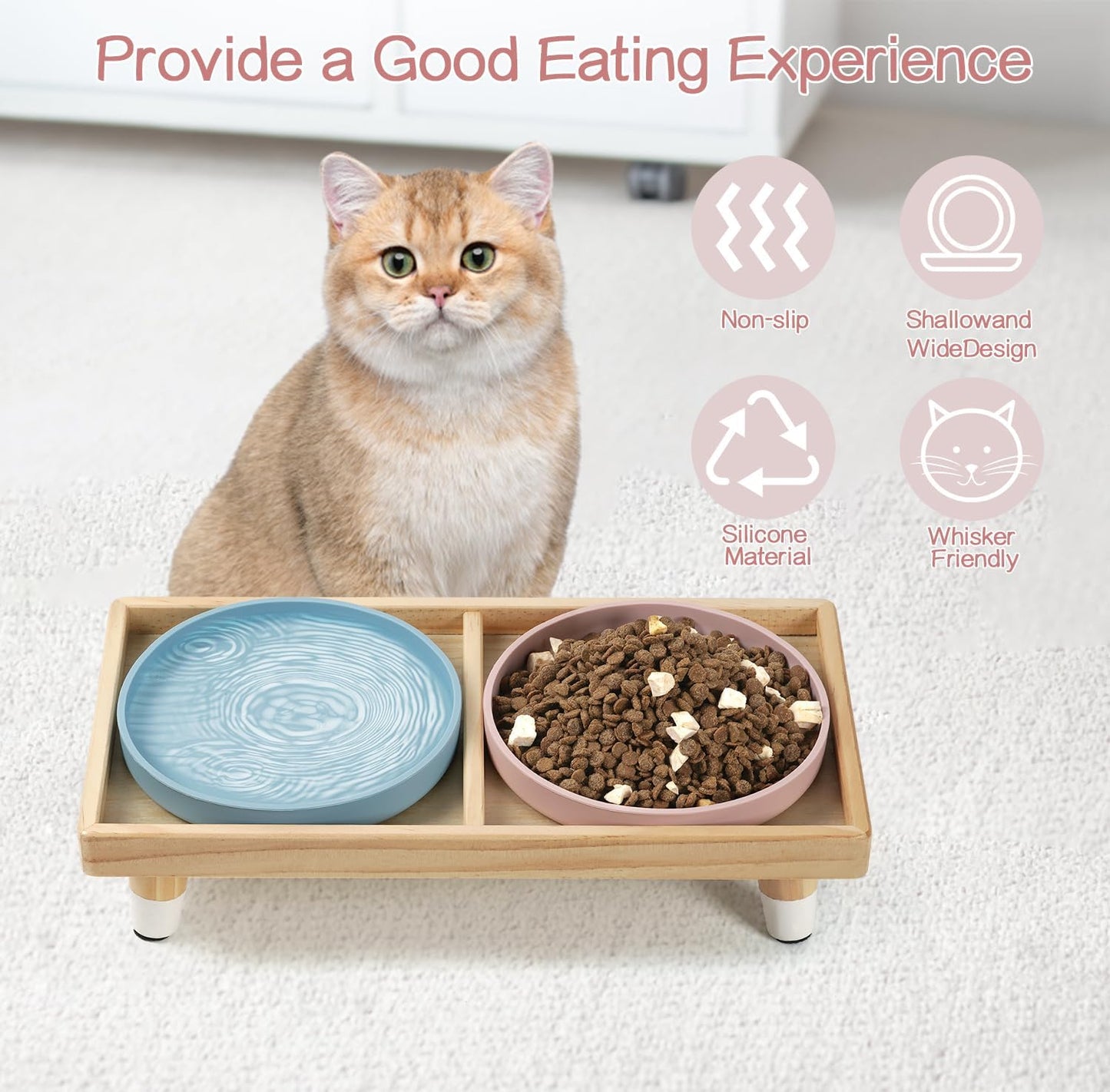 Cat Food and Water Bowl Set, Raised Cat Bowls Elevated for Indoor 7" Wide Puppy Plates Anti Whisker Fatigue Pet Feeding Dishes,Pet Feeding Station for Cats & Small Dogs (2Shallow Dish+Stand)