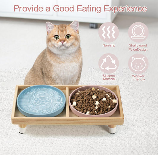 Cat Food and Water Bowl Set, Raised Cat Bowls Elevated for Indoor 7" Wide Puppy Plates Anti Whisker Fatigue Pet Feeding Dishes,Pet Feeding Station for Cats & Small Dogs (2Shallow Dish+Stand)