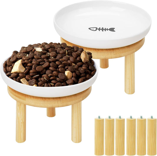 Shallow Elevated Cat Bowls with Bamboo Stand, 5.9 Inch Wide Ceramic Cat Dish Whisker Friendly, 2 Pack Pet Food and Water Plates