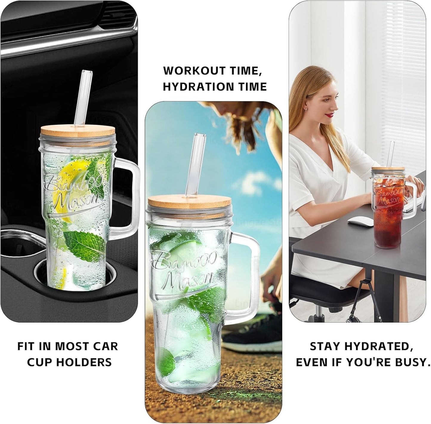 ANOTION Glass Cups with Lids and Straws - 24oz Tumbler with Handle Coffee Cups Glass Straws Glasses Mason Jar Cups Drinking Set Kitchen Essentials Coffee Bar Accessories House Warming Gifts New Home