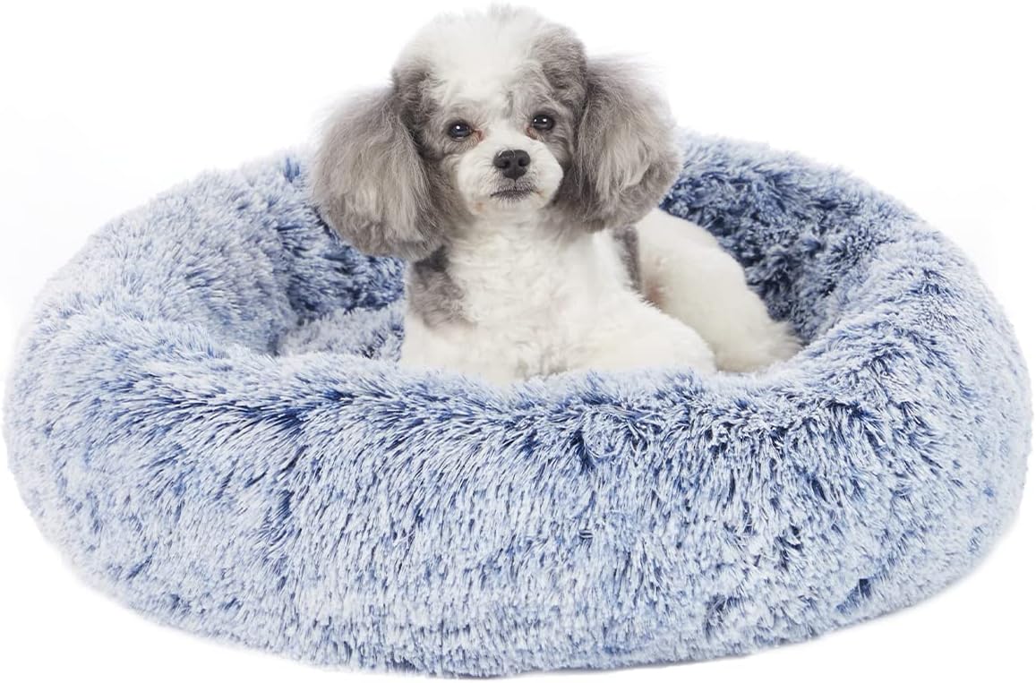 Bedfolks Calming Donut 강아지 침대, 58.4cm(23인치) 둥글고 푹신한 강아지 침대, 소형견용, 세탁기 세탁 가능한 불안 방지 플러시 강아지 침대(네이비 블루, 스몰)