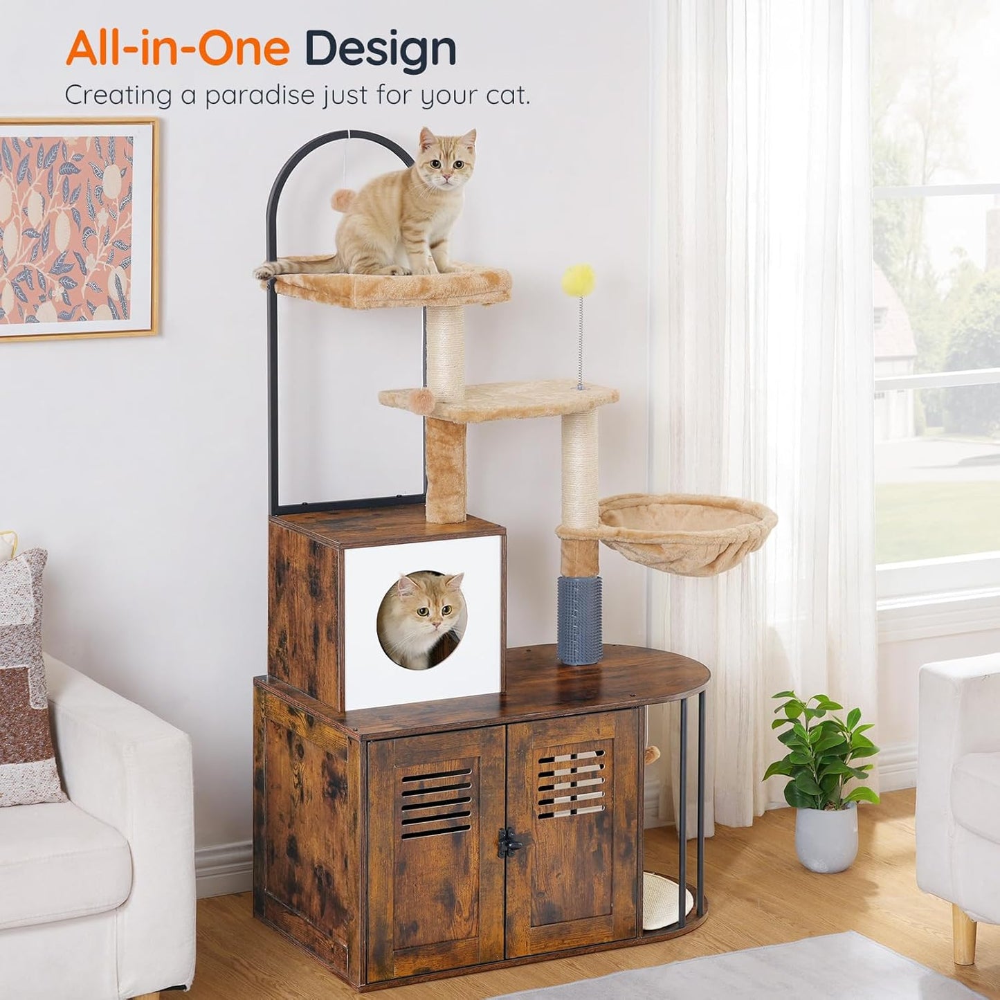HOOBRO Cat Tree with Litter Box Enclosure, All-in-One 31.5" Cat Tower with Hidden Litter Box Cover Furniture for Indoor Cats, Versatile Cat Condo with Sisal Posts, Hammock, Rustic Brown FG45MZ03