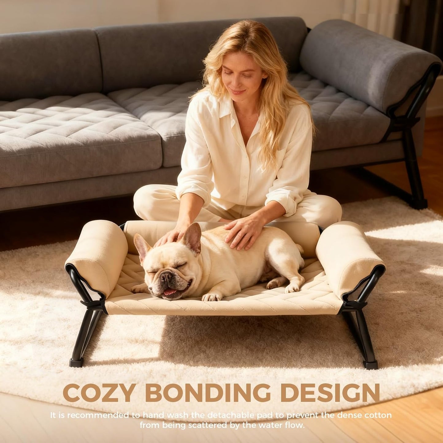 Lekereise Cooling Elevated Outdoor Dog Bed Cot + Orthopedic Indoor Small Dog Sofa Bed, Washable Cover & Sturdy X-Frame, 37x21.5inches, Medium, Beige