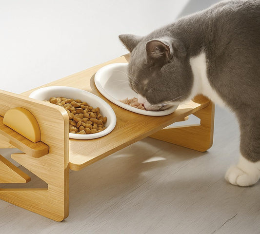 Cutie's PetBox Elevated Food & Water Bowl for Cats and Small Dogs, Adjustable Height Natural Bamboo Stand with Ceramic Dishes