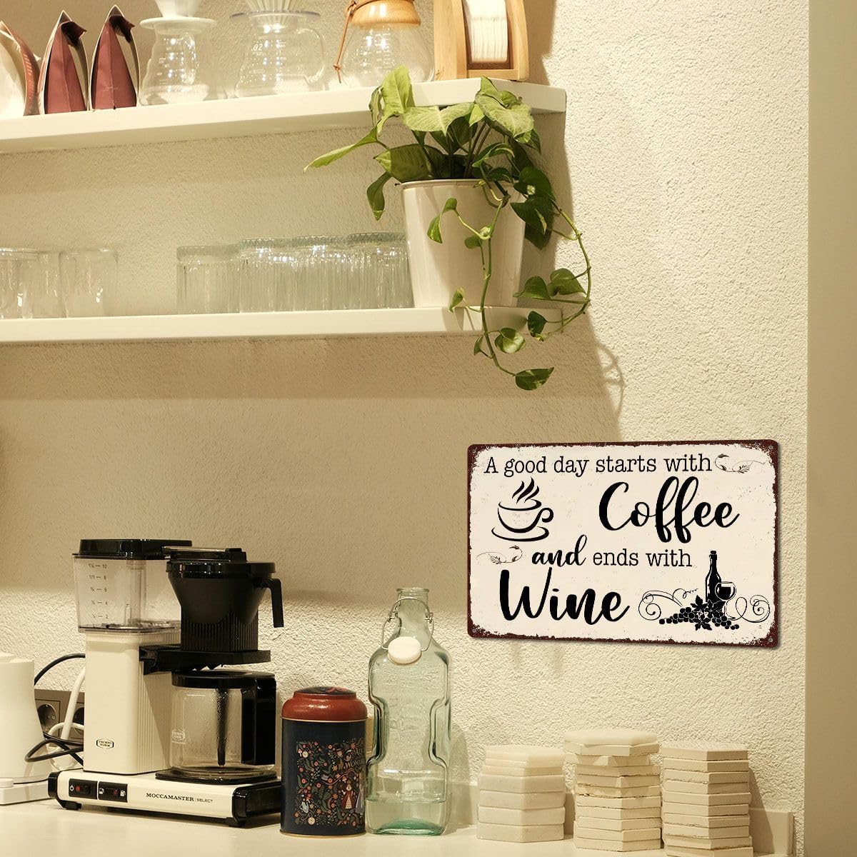 A Good Day Starts with Coffee and Ends with Wine Metal Tin Sign – 8x12 Inch Vintage Kitchen Wall Decor, Funny Rustic Sign for Home Café, Wine Area, Coffee Station
