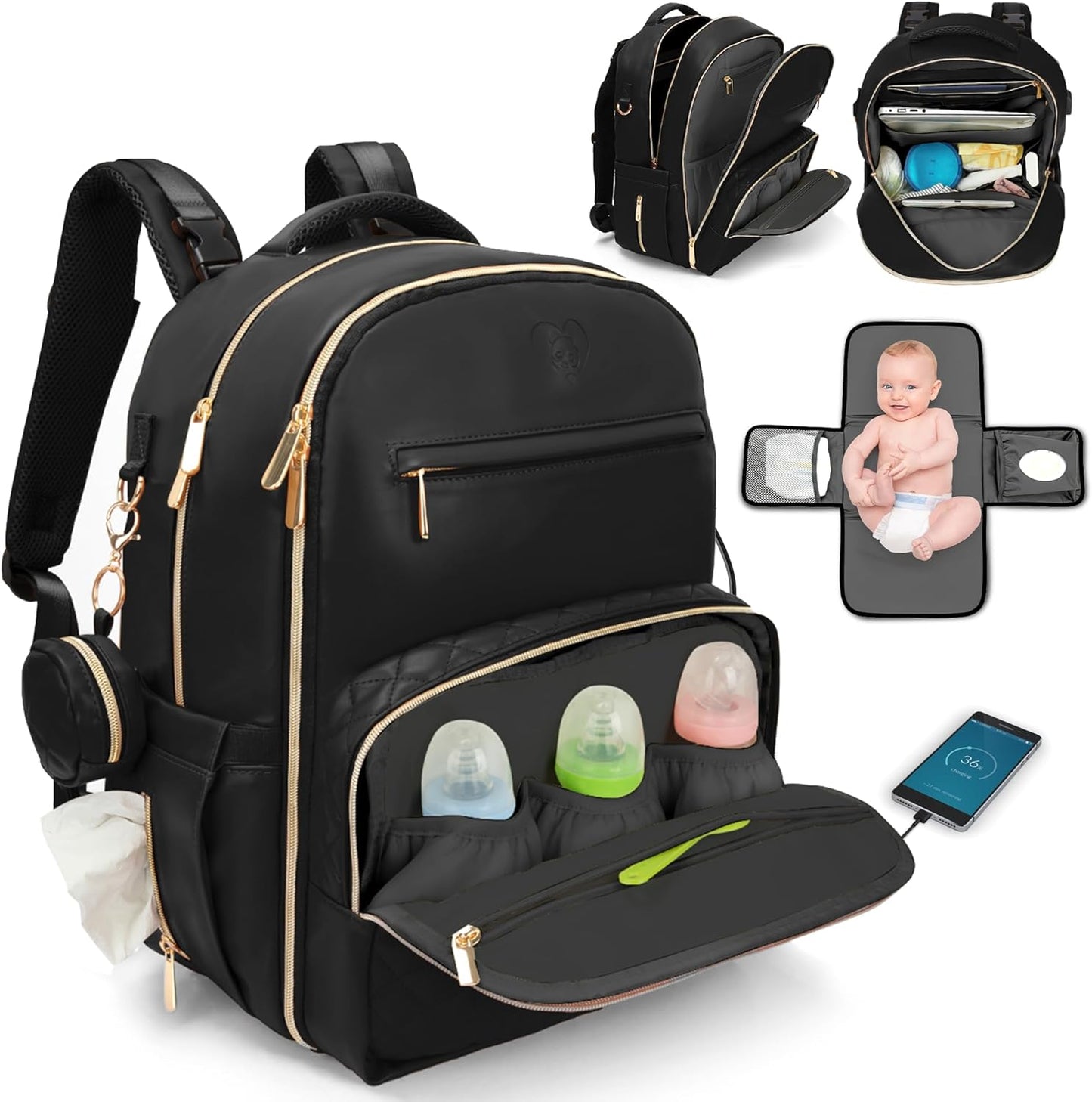 Large PU Leather Diaper Bag Backpack Set (3-Piece) – Baby Bag with Large Changing Pad, Insulated Warm/Cool Bottle Pockets Organization, Newborn Essentials Travel Gift for Mom & Dad, Best Baby Shower