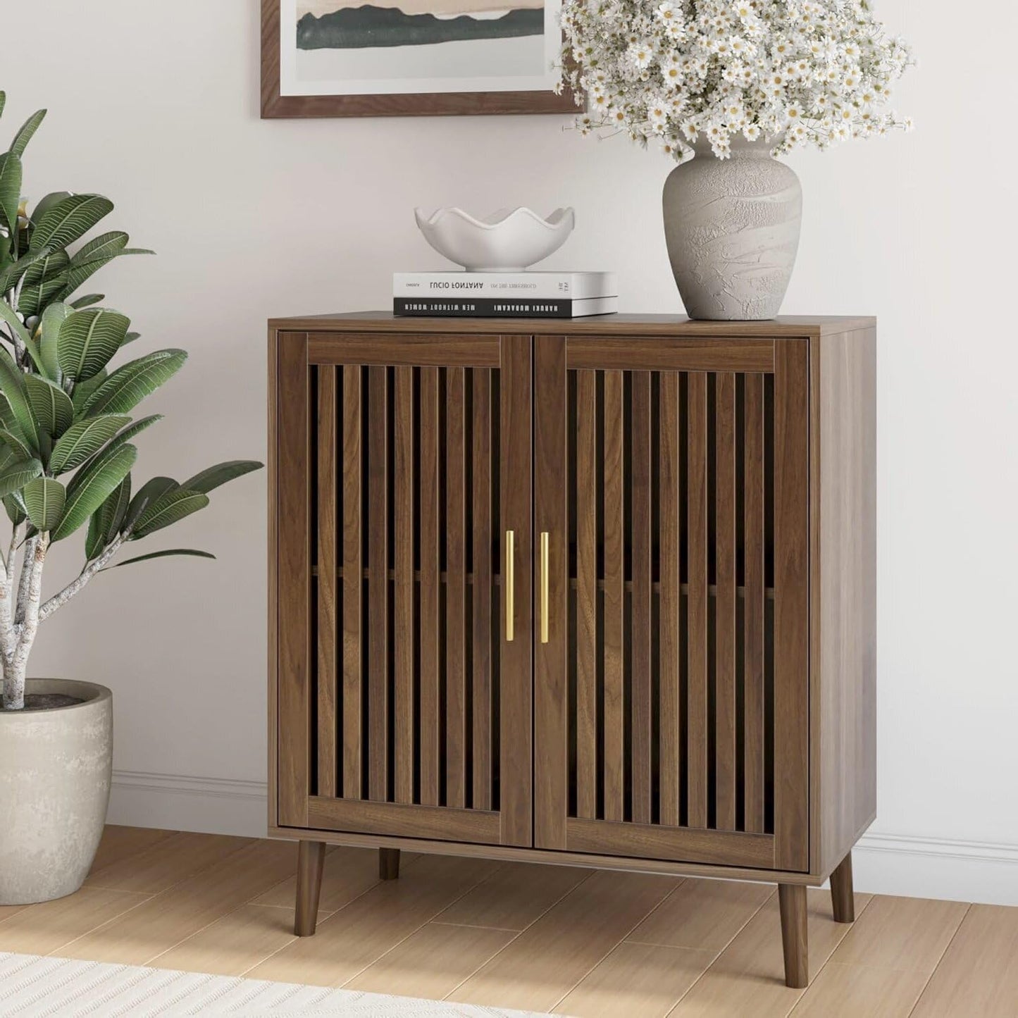 Sideboard Cabinet, 31.5" W Farmhouse Buffet Cabinet with Slatted Doors & Adjustable Shelf, Wood Coffee Bar Storage Station for Kitchen, Dining Room, Living Room, Entryway, Walnut Color