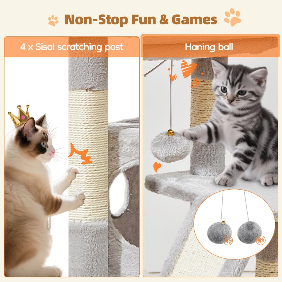 Taoqimiao Cat Tree,38.2-Inch Cat Tower for Indoor Cats,Suitable for Kittens with Luxurious cat condo with Adjustable Baskets and Luxurious Perch Light Gray MS029SW