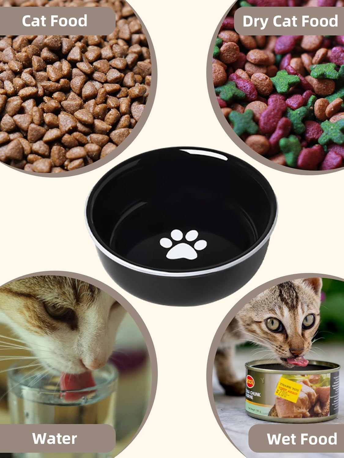 GDCZ Porcelain Raised Cat Bowls with Heighten Metal Stand and Non Slip Bottom 15 Ounces (Black)