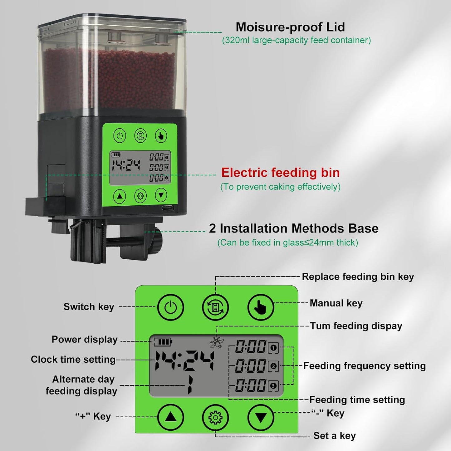 Lychee Automatic Fish Feeder - USB Rechargeable 320ML Large Capacity Aquarium Fish Food Dispenser with Two Feeding Ring, Moisture-Proof-Aquarium Electric Timer Feeder for Business Trips