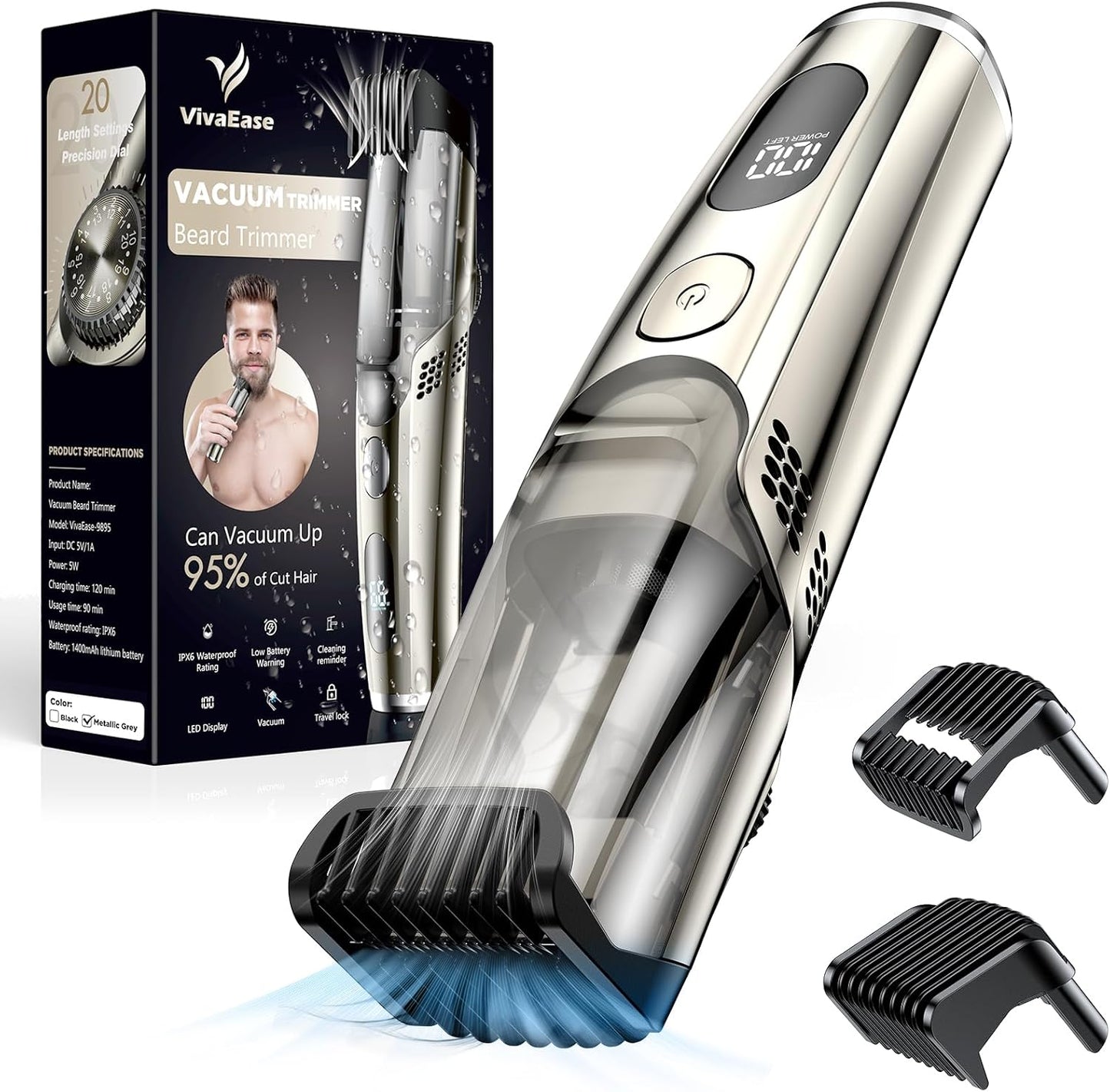 Vacuum Beard Trimmer for Men, New Version Adjustable Precision Trimming Length with 2 Comb, Electric Cordless Vacuum Trimmer for Beard, Waterproof and Rinses Easy, Blades for Skin fit