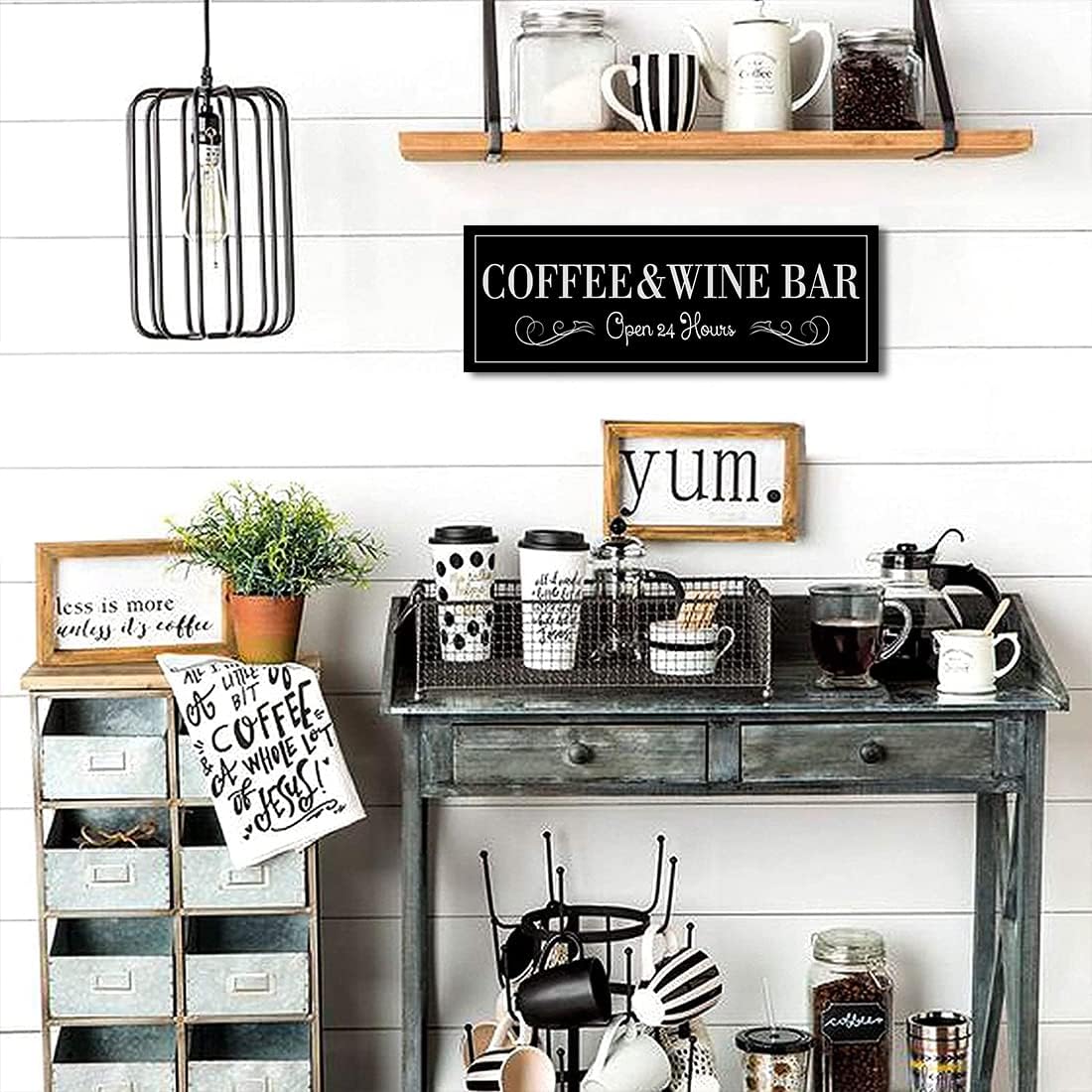WOWGOOMO Coffee and Wine Bar Signs Decor, Classic Kitchen Wine Cabinet Decorative Signs & Plaques, Black Bar Accessories, 6x17 Inches