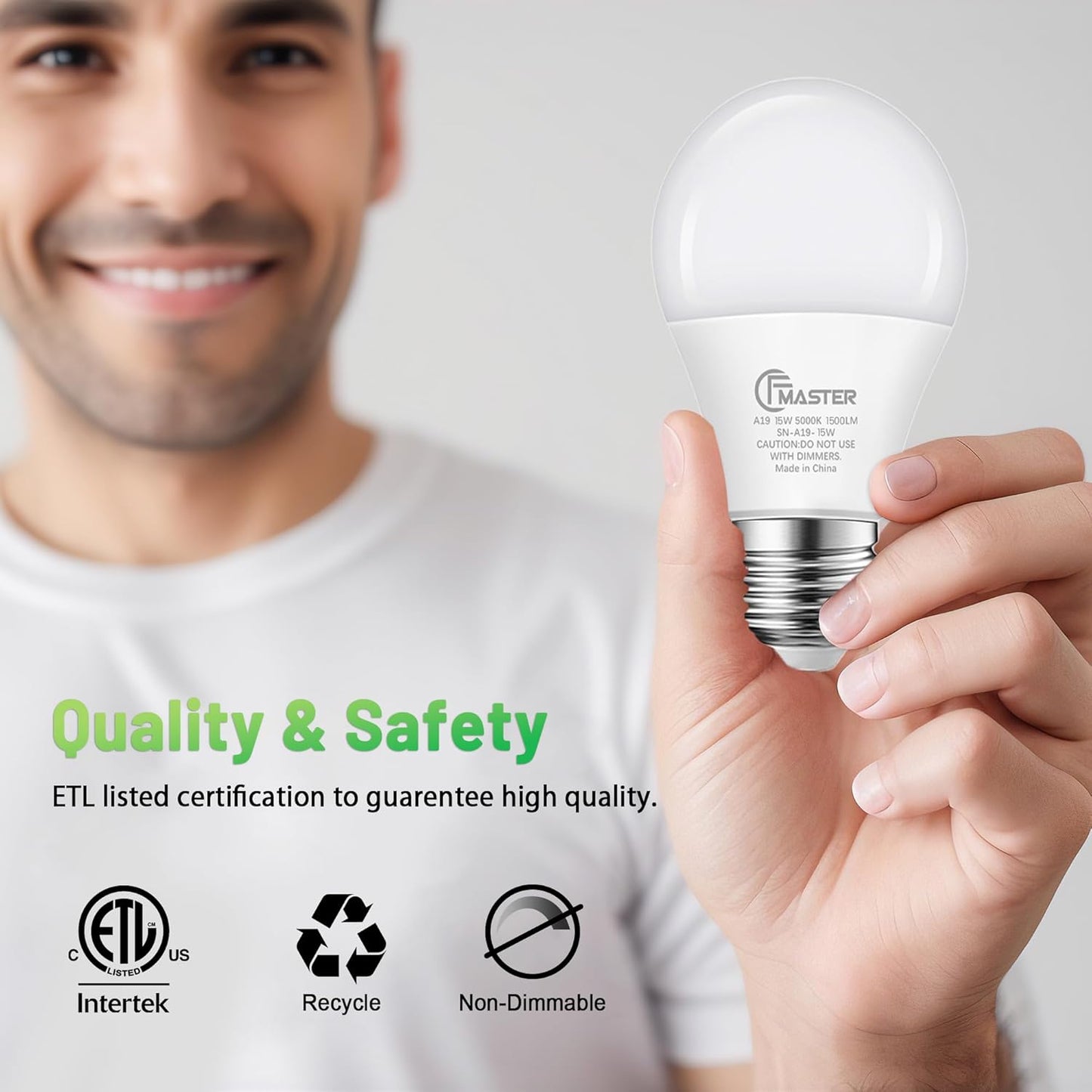 A19 LED Light Bulb, 100W Equivalent Light Bulbs, 15W 5000K Daylight, 1500 Lumens, Non-Dimmable LED Bulb, E26 Standard Base for Indoor and Outdoor, ETL Listed, 6-Pack