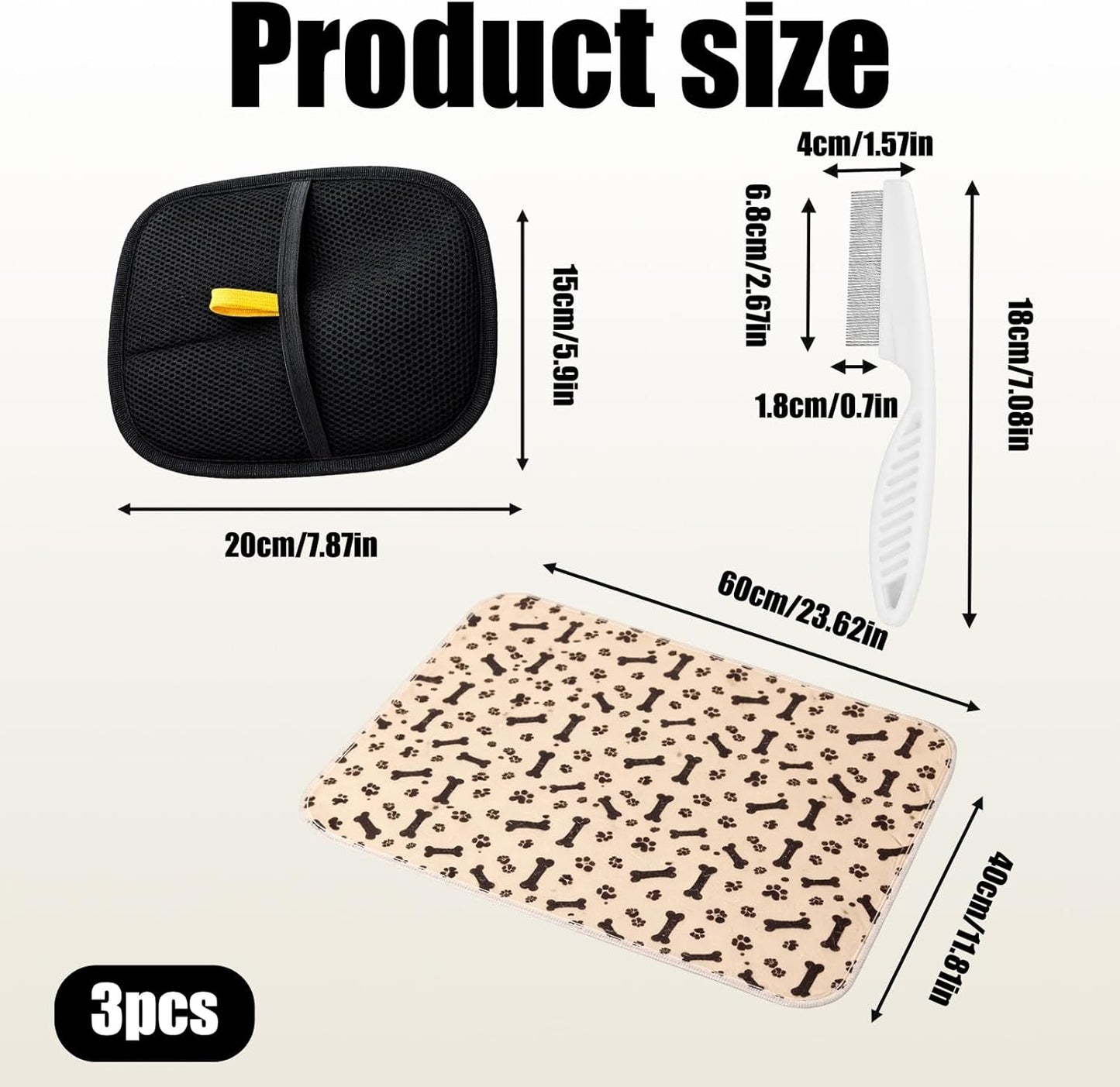 3-Piece Set with 23.62 x 11.81Inches Comb and Gloves for Potty Training and Post-Surgery Care, Dog Pee Pads with Pheromones,Reusable Polyester Pads for Hyperactive Dogs and Multi-Pet Households