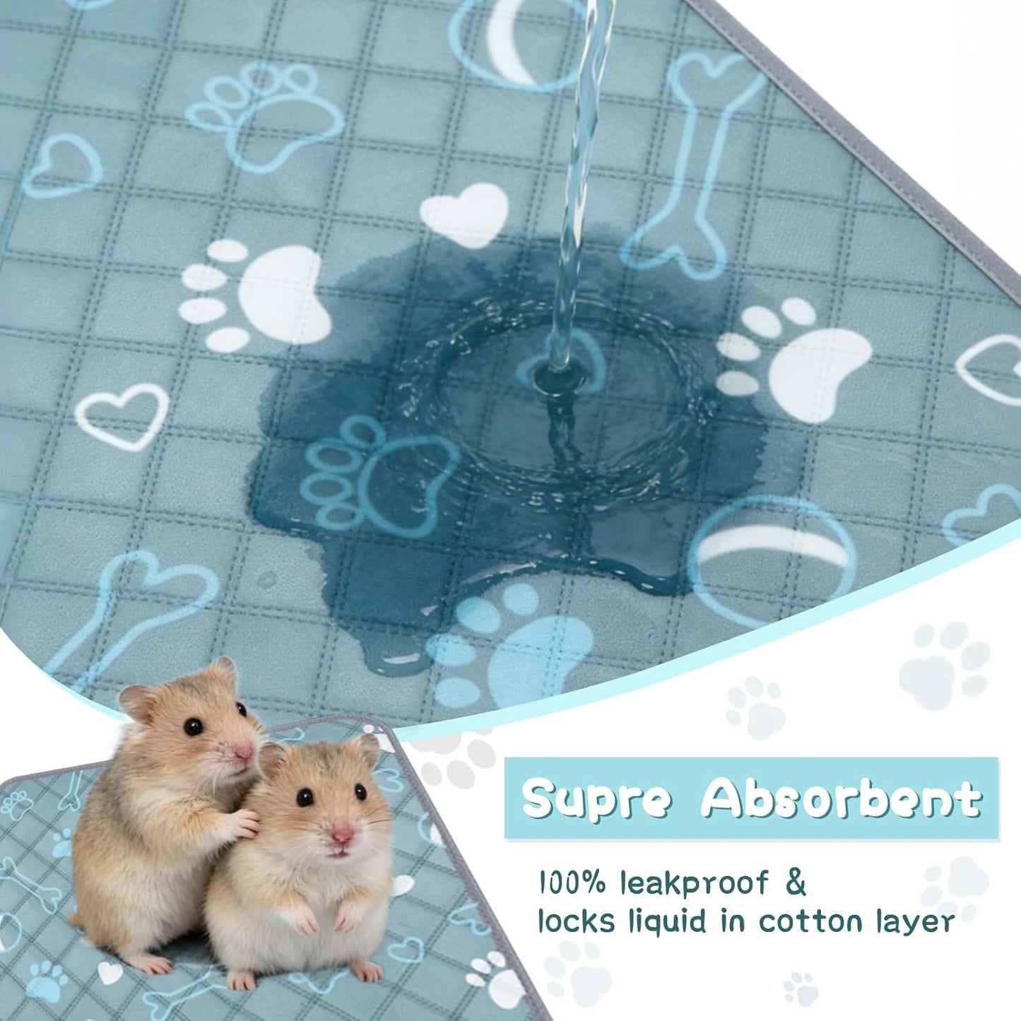6 Packs Washable Guinea Pig Cage Liners with Paw Print & Cute Design, Waterproof Small Animal Pee Pads, Reusable Absorbent Bedding, Anti-Slip Cage Mats for Guinea Pig Bunny Rabbit Hamster (12x12in)