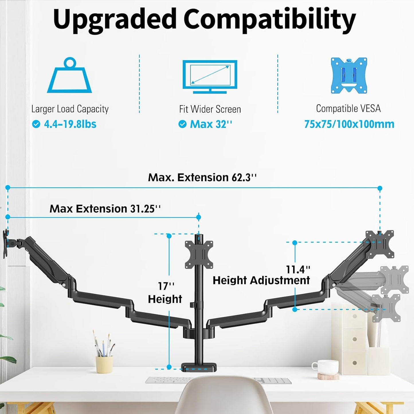 MOUNTUP Triple Monitor Mount for 17-32 inch Screens, Full Motion Triple Monitor Stand, 3 Monitors Desk Mount Holds 4.4-19.8 lbs Each, Clamp & Grommet Mounting, Black