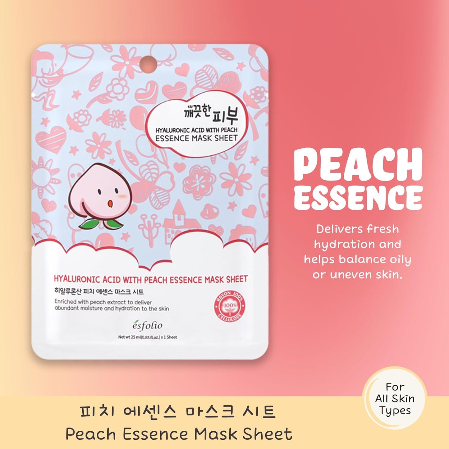 esfolio Pure Skin Hyaluronic Acid with Peach Essence Face Mask Sheet - Hydrating Korean Face Mask for Dark Spots, Pore Care, Oil Control and Improves Skin with Moisturizing and Soothing (Pack of 10)