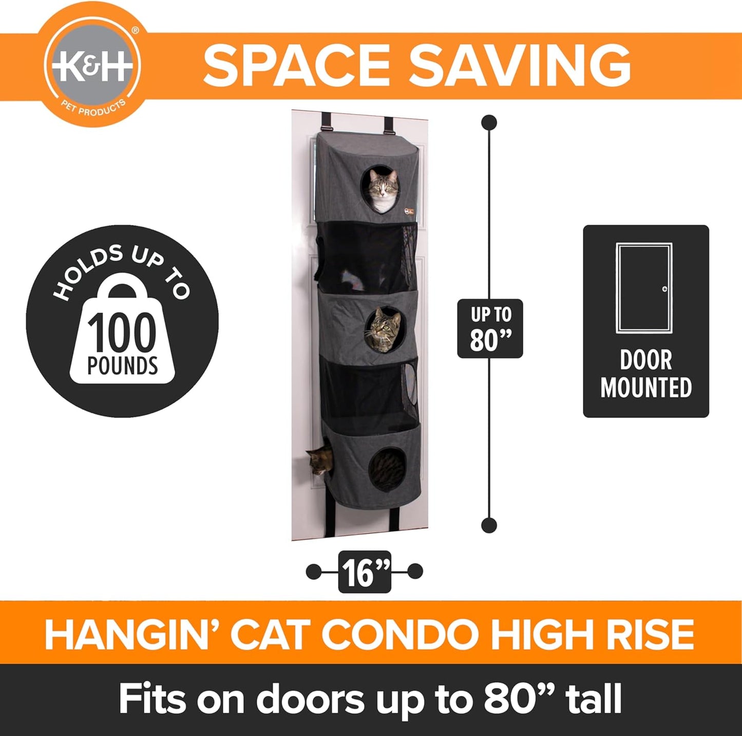 K&H Pet Products Hangin Cat Tree Condo 5 Level Door Mounted Cat Furniture, Space Saving, Mesh Levels, Peep Holes, Interconnecting Levels, Collapsible, Tool-Free Assembly - Gray - Fits Doors <80in H
