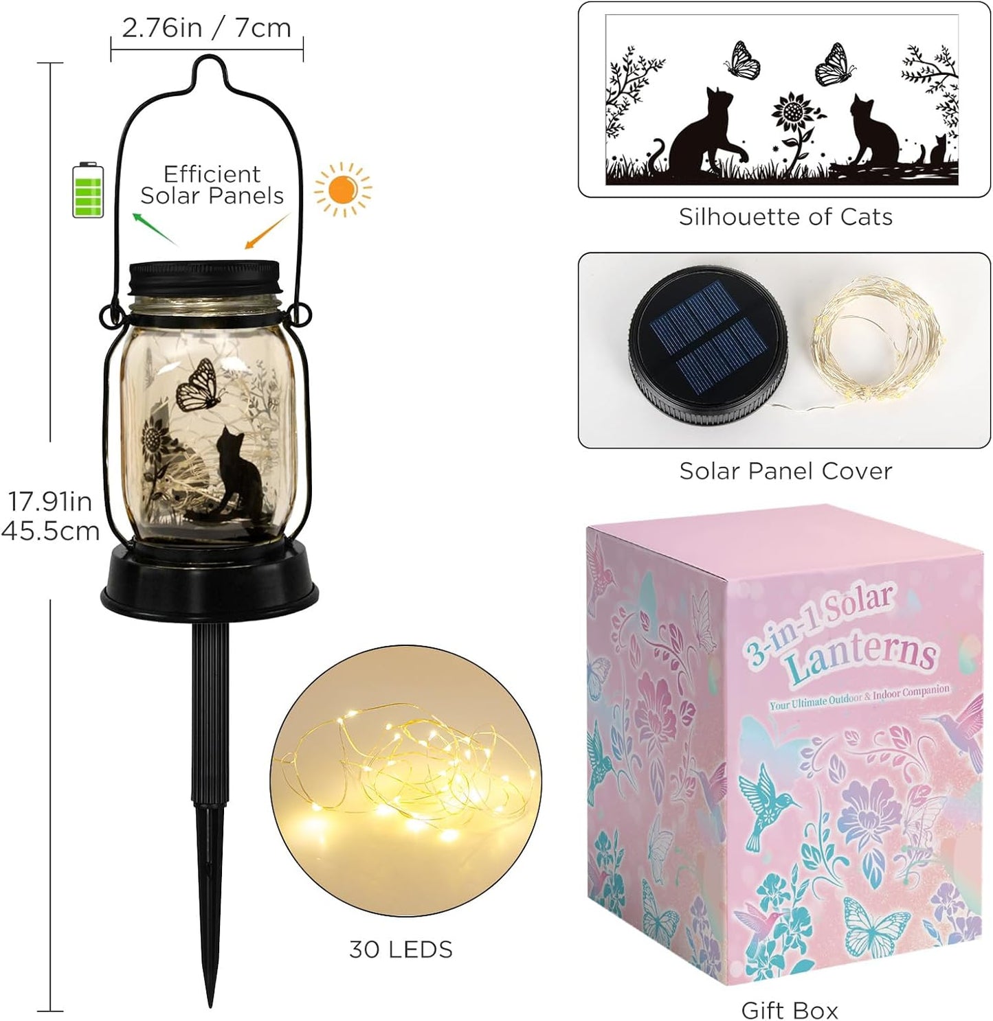 Cat Gifts Cat Lover Gifts for Women/Mom/Grandma/Sister, Mother Day Gift, Cats Butterfly Solar Lights Outdoor Hanging Cat Lanterns Fairy Lights, Kitty Lamps Decor for Yard Lawn Garden Patio