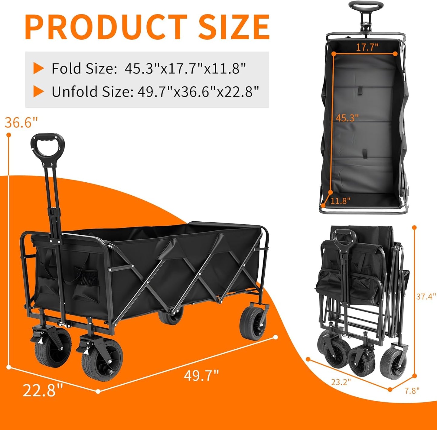 49" Extra Long Wagons Carts Foldable, 440 LBS Large Capacity Collapsible Wagon Heavy Duty with Wheels, Portable Utility Folding Wagon for Beach, Garden & Camping