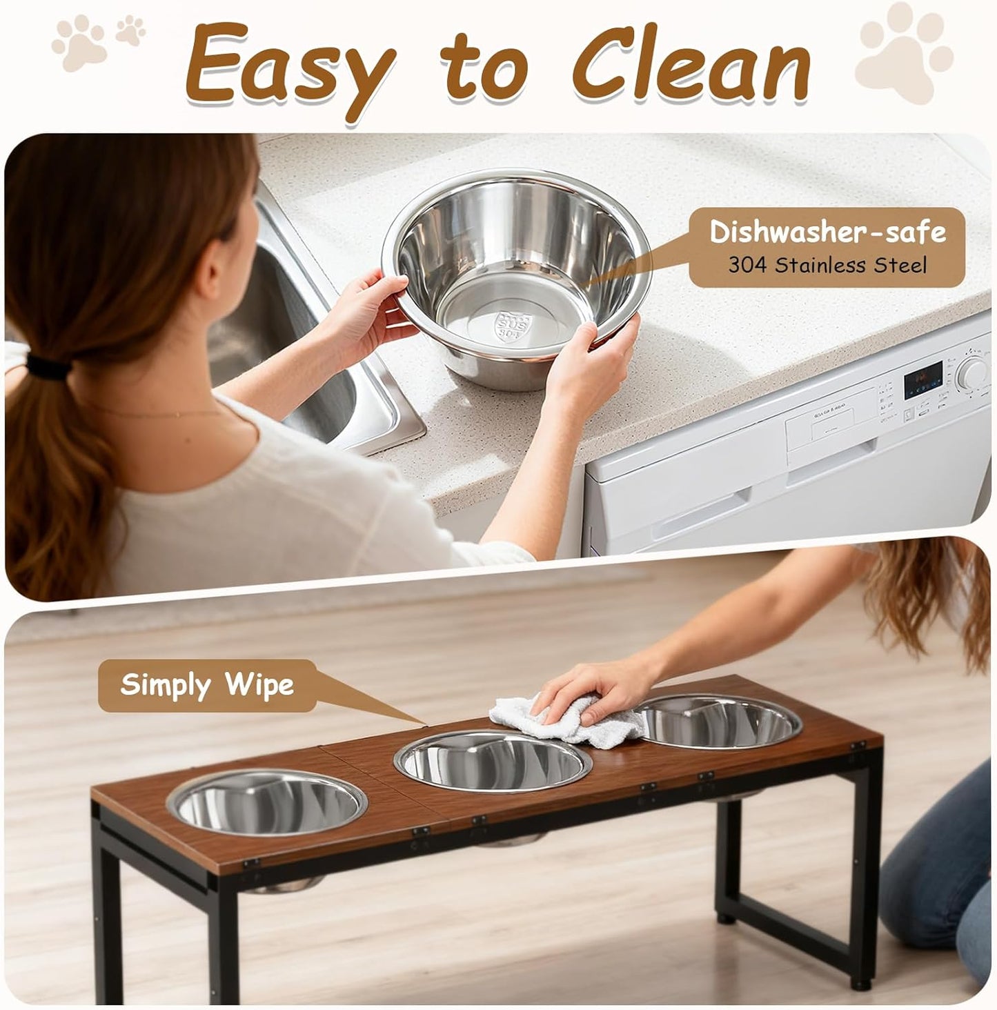 Elevated Dog Bowls Large Breed,Adjustable Raised Dog Bowl Stand,Stainless Steel 3 Bowl Dogs Feeding Station,12.5cup/101oz Each Food Water Bowl(Iron Holder,Wooden Platform,Grained Oak)