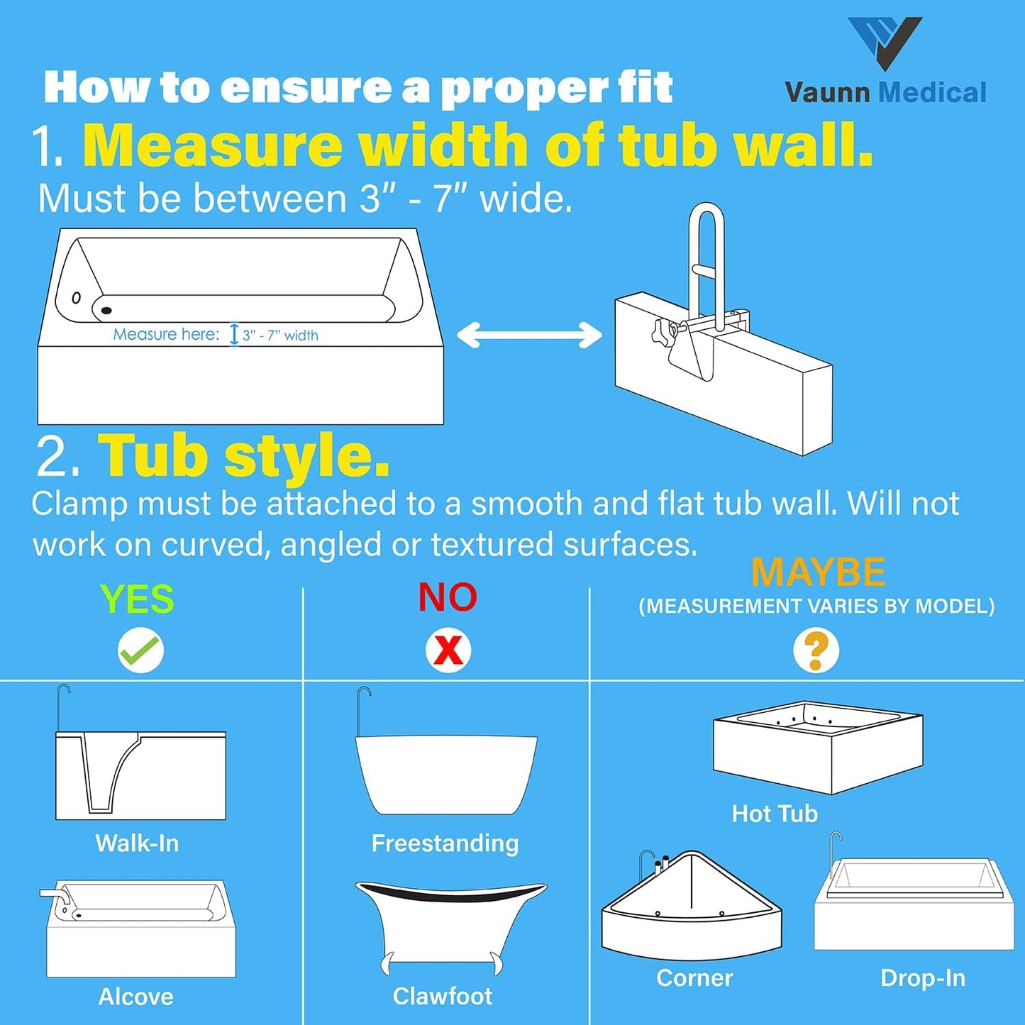 Vaunn Medical Bathtub Handle Grab Bar and Safety Rails for Seniors, Height Adjustable Tub Handles