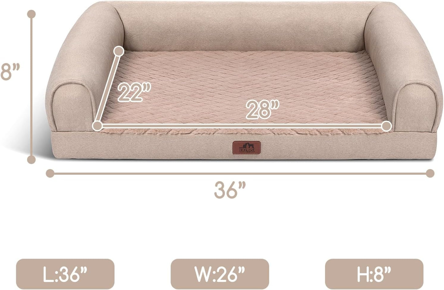 Hollypet Orthopedic Dog Bed for Large Dogs, Supportive Foam Dog Pet Couch with Removable Washable Cover and Non-Slip Bottom, Waterproof Lining Pet Sofa Bed, Khaki, L (36 * 26 * 8)