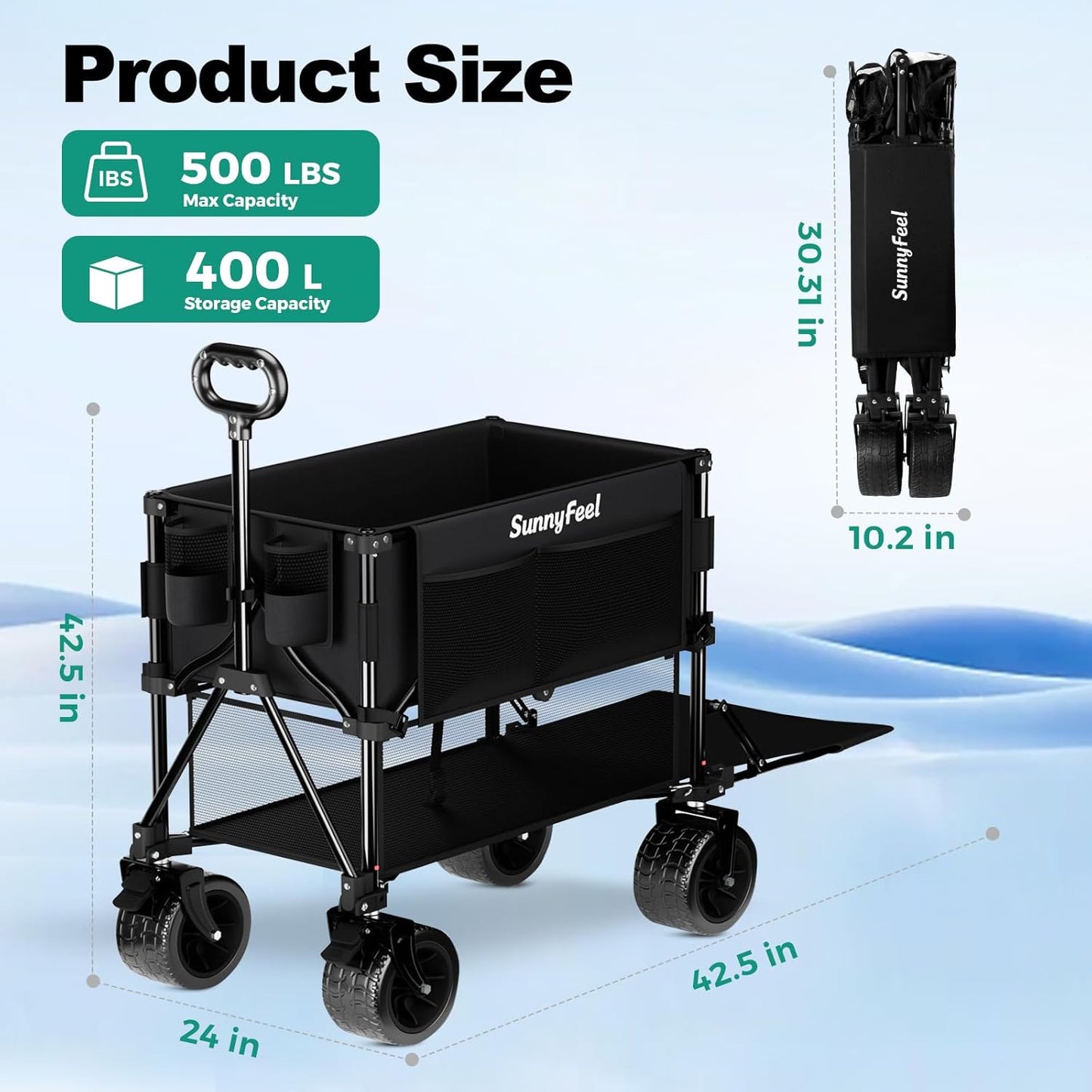SUNNYFEEL Double Decker Folding Wagon Cart - 500lbs Heavy Duty Collapsible Utility Wagon with All Terrain Big Wheels & Drop Down Tailgate,400L Large Capacity Wagon for Camping,Garden,Sports