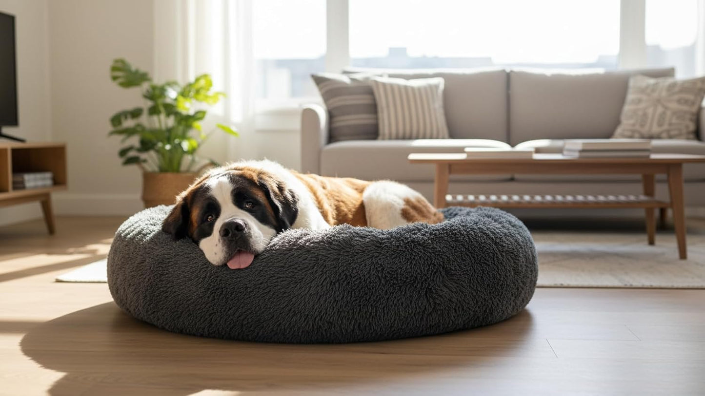 The Dog’s Bed Calming Donut Dog Bed, Plush Faux Fur Round Cuddler Nest, Removable Washable Zip Cover – XXL (54"), Grey