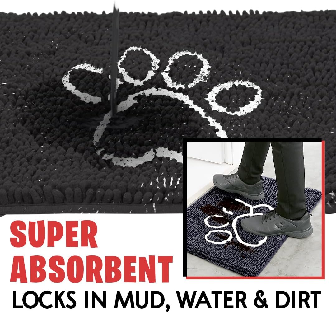 MUDGUARD MAT™ Dog Door Mat with Paw Design for Muddy Paws, Super Absorbent Microfiber, Non-Slip Indoor Mat, Quick-Dry Chenille Rug for Pets & Entryway, Machine Washable, Black 16" x 24"