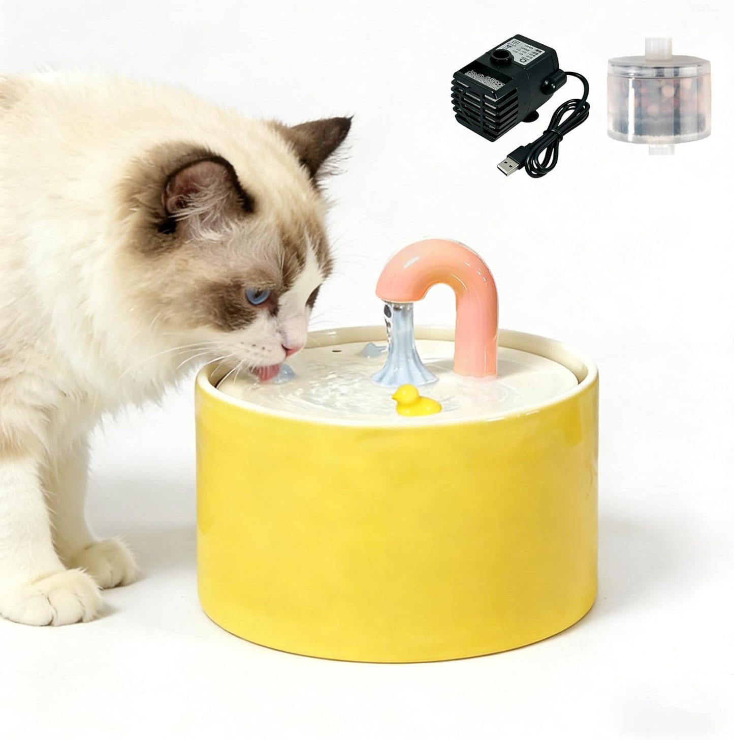 Ceramic Cat Water Fountain, 50oz/1.5L Yellow Ultra-Silent Automatic Pet Water Bowl Fountain Cat Water Dispenser for Pet Drinking Indoor with Cute Design, Activated Carbon Filter Perfect for Cats