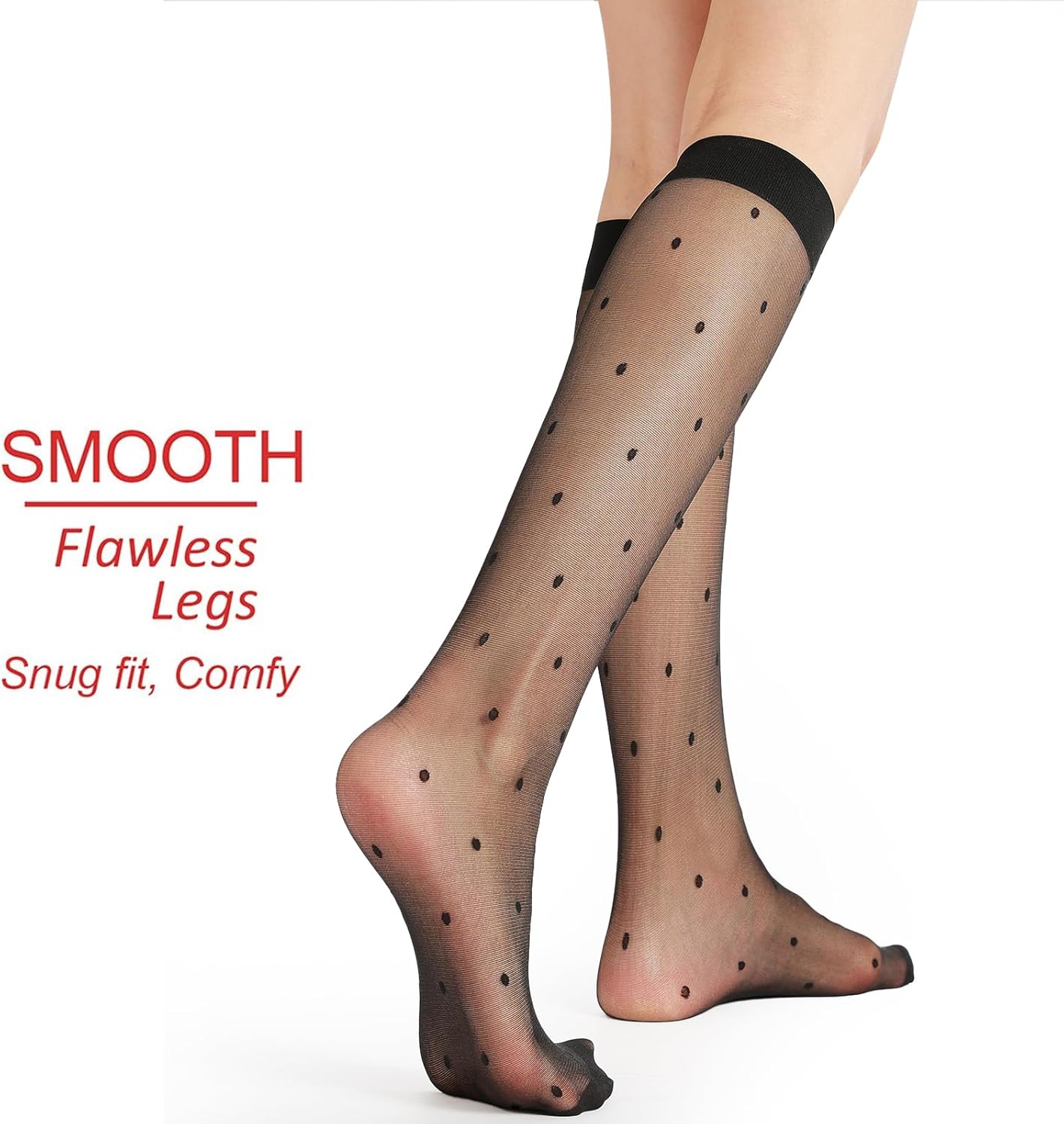 G&Y 4 Pairs Pattern Knee High Pantyhose with Reinforced Toe - 30D Nylon Stockings for Women Dot Heart Lip Patterned
