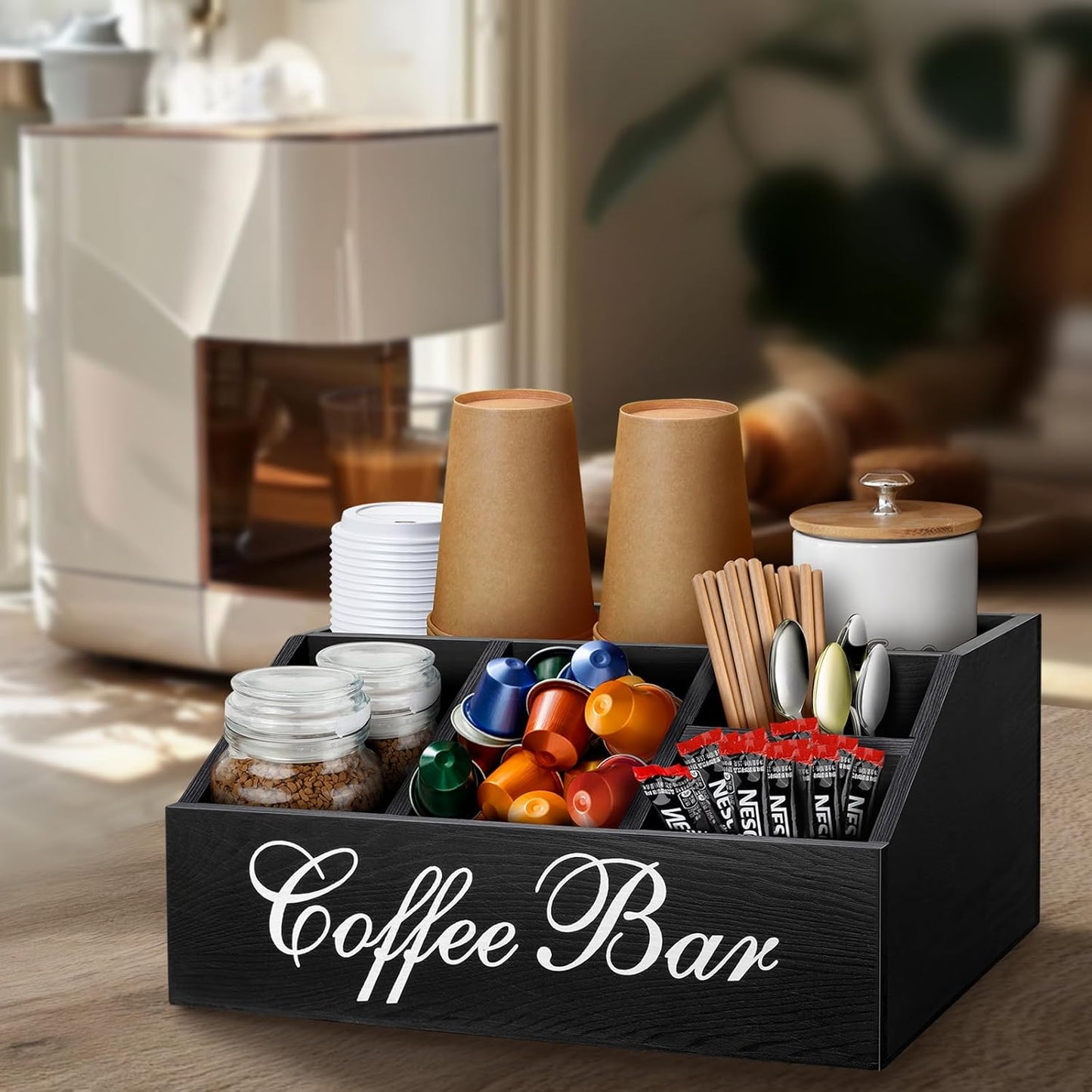 Coffee Station Organizer Pods Holder for Counter, Farmhouse Wood Coffee Bar Accessories and Tea Condiment Basket Storage Organizer Decor