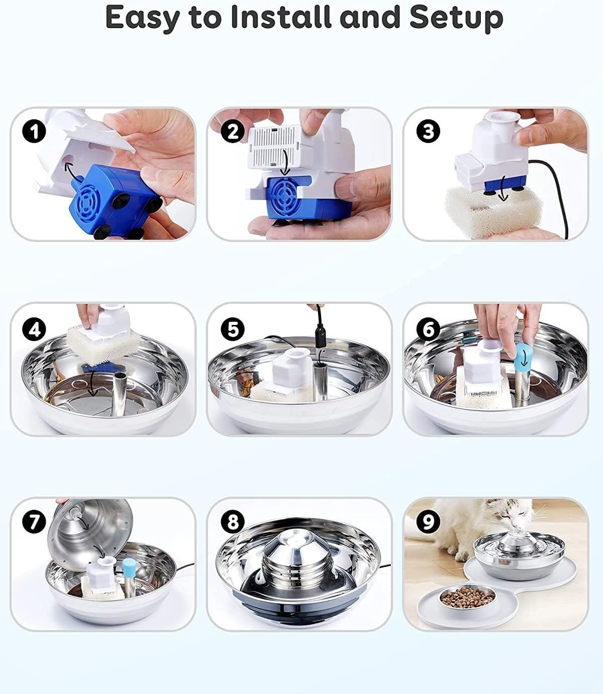 pet Water Dispenser Stainless Steel Water Fountain Dog Bowl 2-in-1 Set 2L/67oz Pet Water Fountain 248ml Food Bowl Feeding Watering Supplies with 3 Filters Mat for Cats Dogs cat Fountain