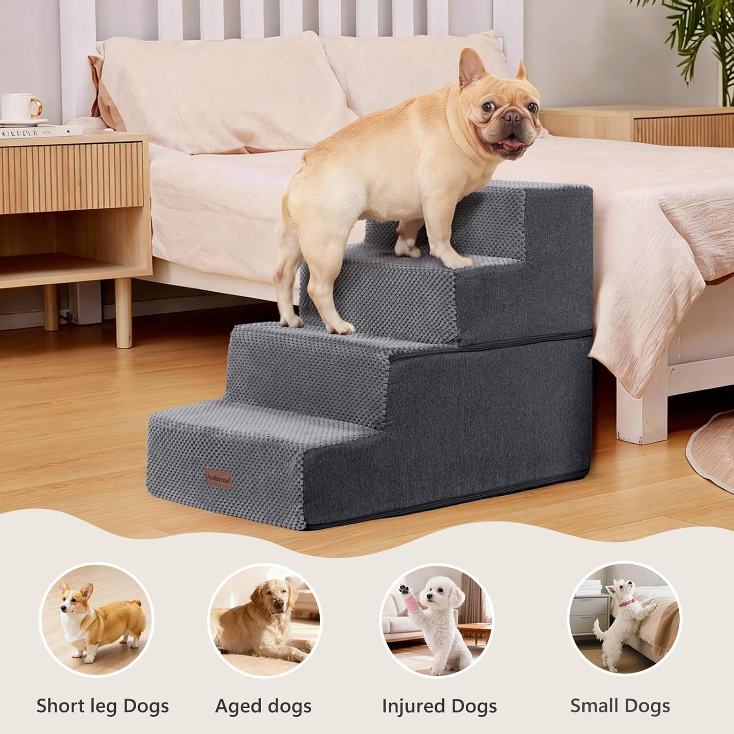 Dog Steps for Bed and Couch, 4-Step Pet Stairs for Small Dogs, Indoor Non-Slip Dog Stairs for Old Cats, Puppy, Small Medium Dogs,18.5" H,Grey