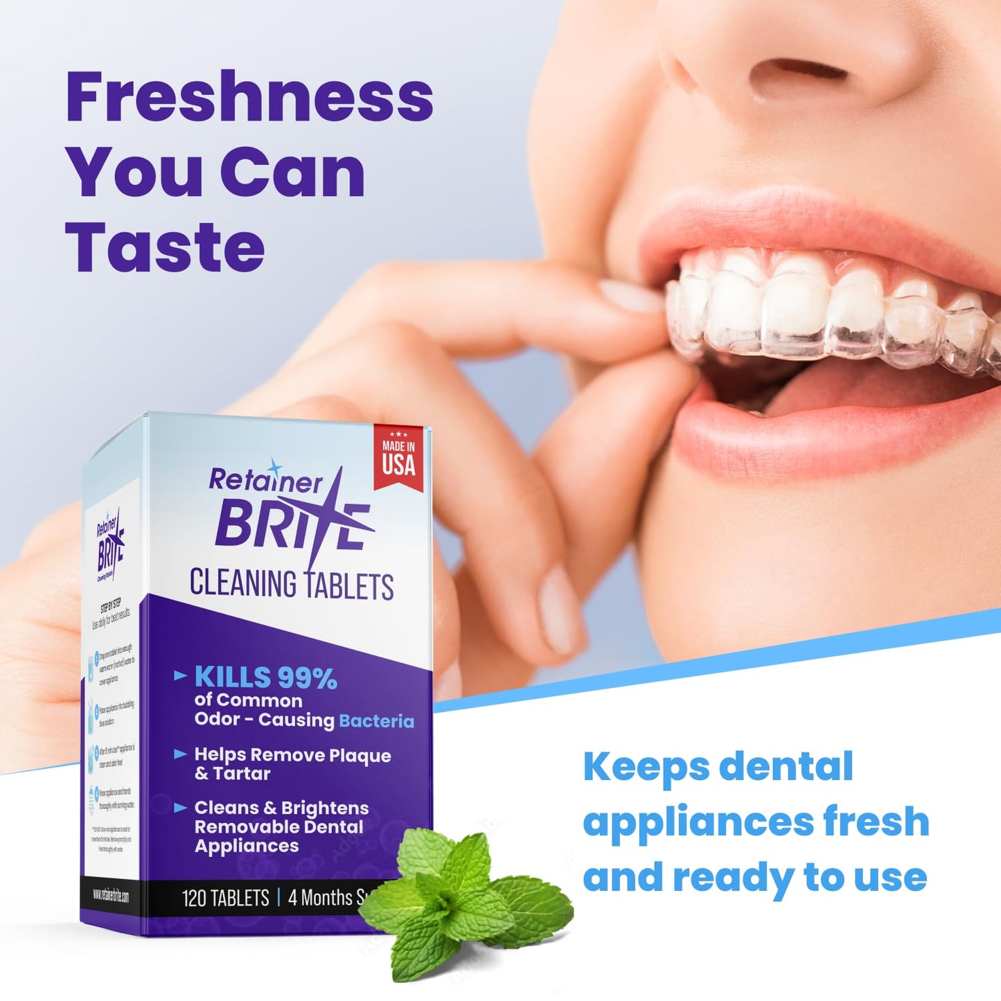 Retainer Brite Retainer Cleaner Tablets for Ultrasonic Cleaners, Used for Cleaning Invisalign, Mouth Guard, Night Guard and More, 4 Month Supply, Made in USA,120 Tablets