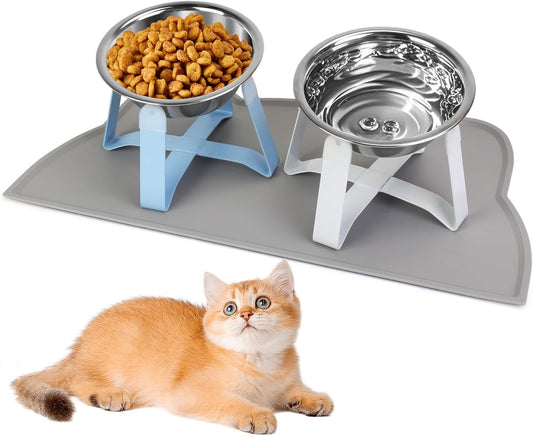 Elevated Cat Bowls, 5.5” Wide Stainless Steel Cat Bowls with Food Mat & Metal Stand, Raised Pet Water Food Feeder with Non-Slip Raised Stand for Cats, Kittens, Puppy, Small Dogs