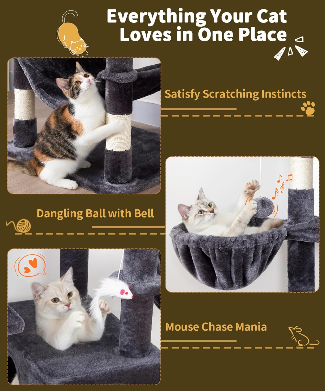 AMHANCIBLE Tall Cat Tree, 70 Inch Cat Tower for Indoor Cats, Multi-Level Cat Tree with Scratching Post, Hammock, Hanging Basket, Large Cat Condos for Adult Cats Kittens, Dark Grey, PT18DG