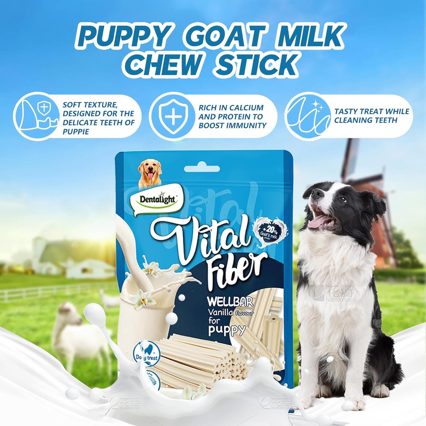 Faywell Vital Fiber Wellbar Puppy Chew Treats, Contain Goat Milk Powder, Rich in Calcium and Protein, Soft Vanilla Texture, 80g