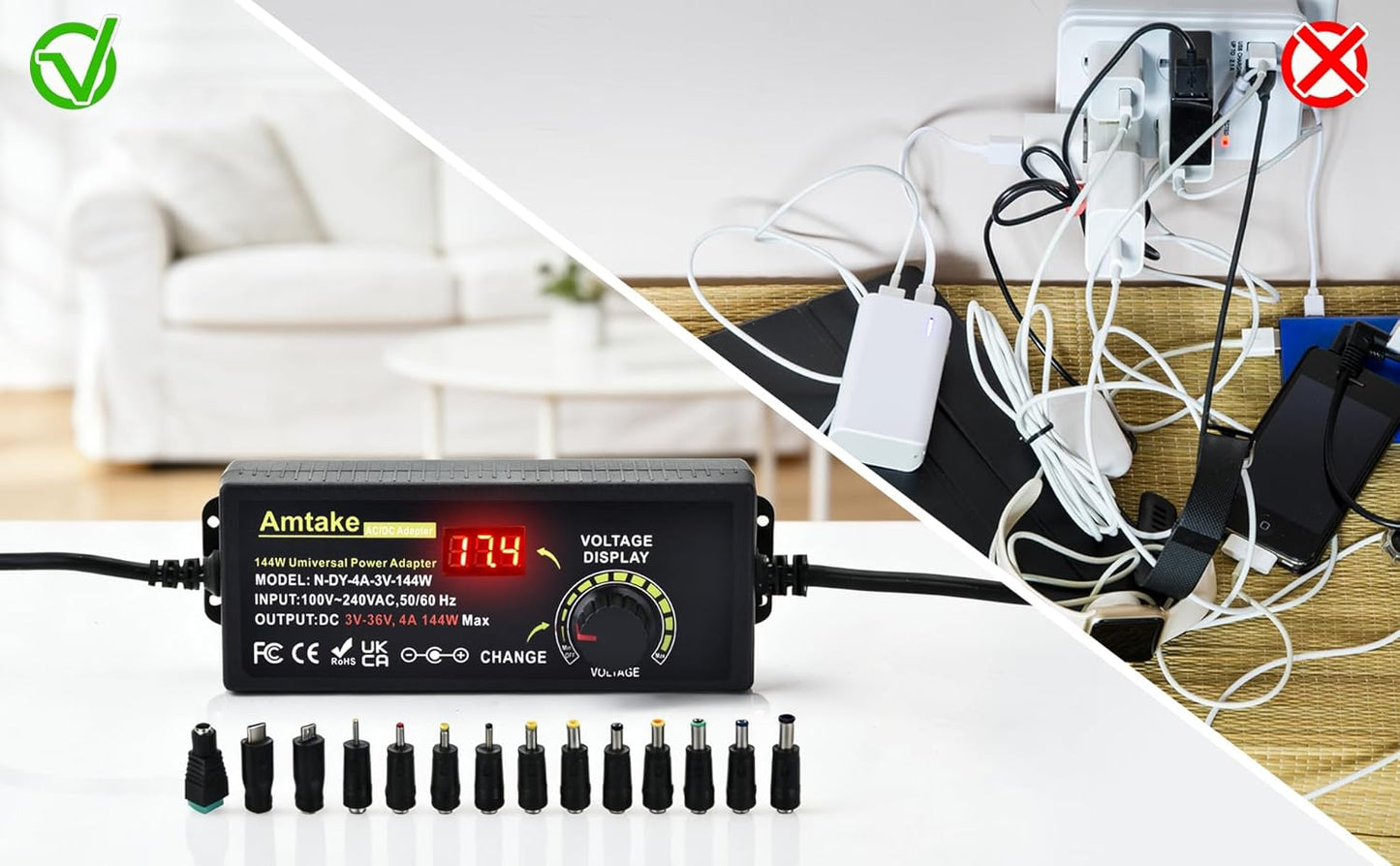 Adjustable Universal Power Supply Adapter 4A 144W Adjustable Variable Switching 3V~36V 3V 5V 12V 24V 30V 36V AC/DC Adapter, AC to DC Converter with 14 Tips, Polarity Converter and Test Lead