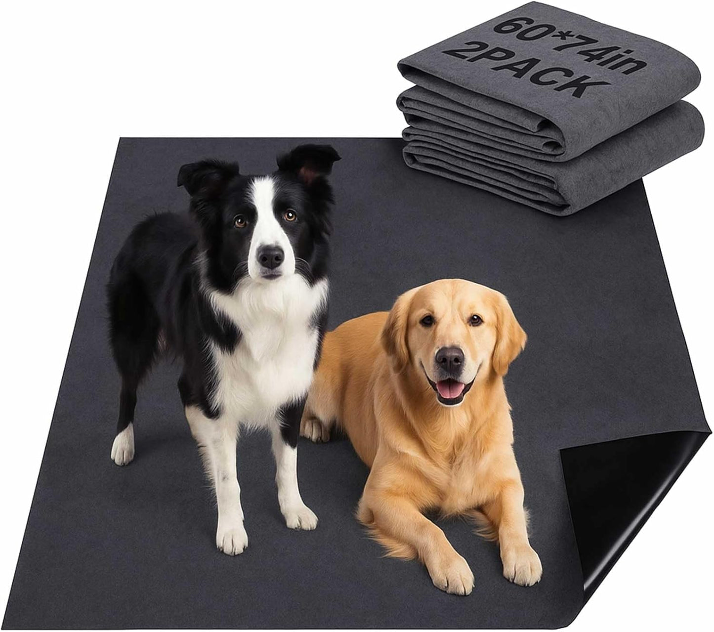 2 Pack Extra Large 60"x74" Reusable Dog Mat Jumbo Waterproof Absorbent Non-Slip Pee Pads Machine Washable Playpen Mat for Training, Whelping, Incontinence, Crate/Kennel Use (Dark Grey)