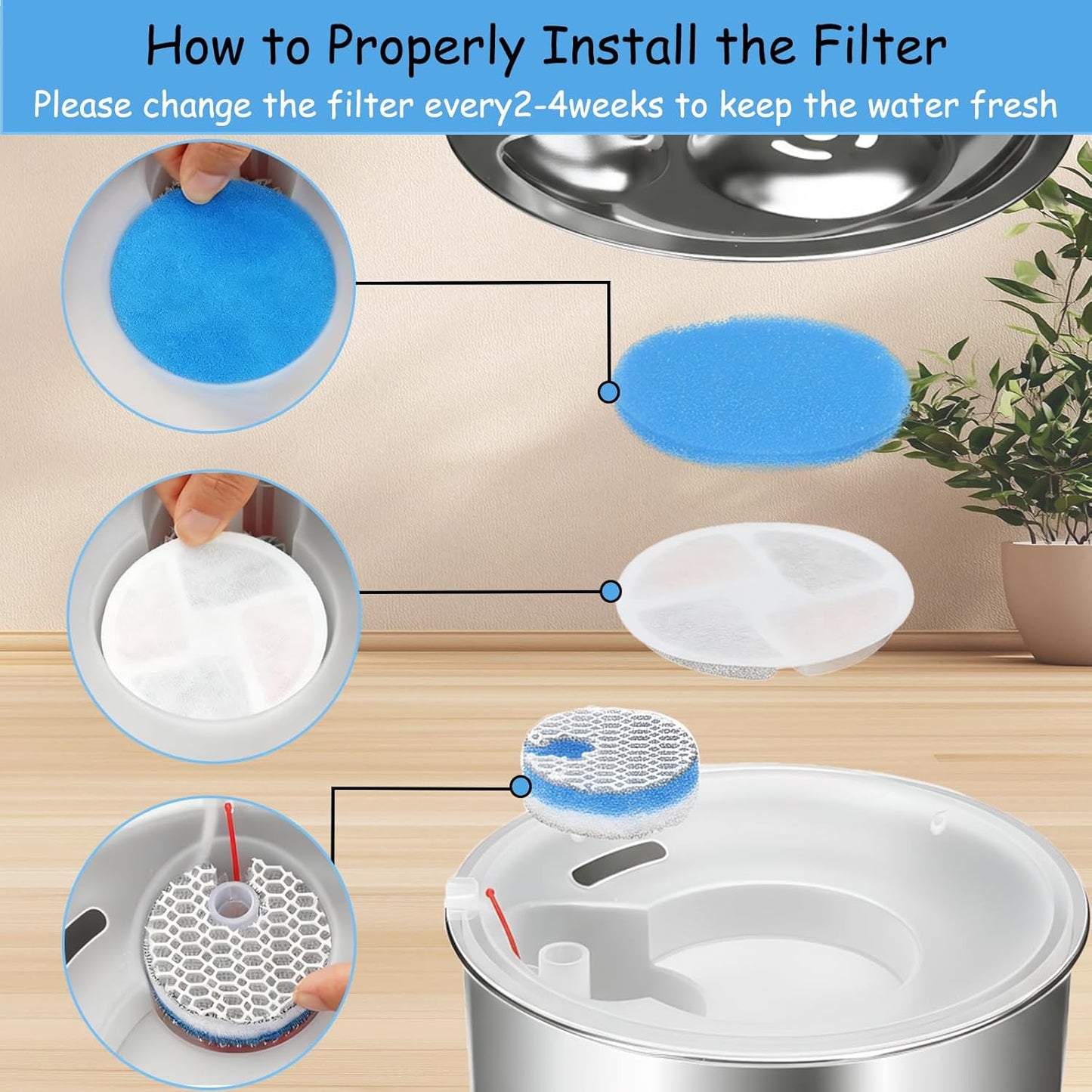 8 Pack Cat Water Fountain Filter Replacements – Compatible with 2.2L/73oz Round Stainless Steel Automatic Pet Fountain, Activated Carbon & Triple Filtration System